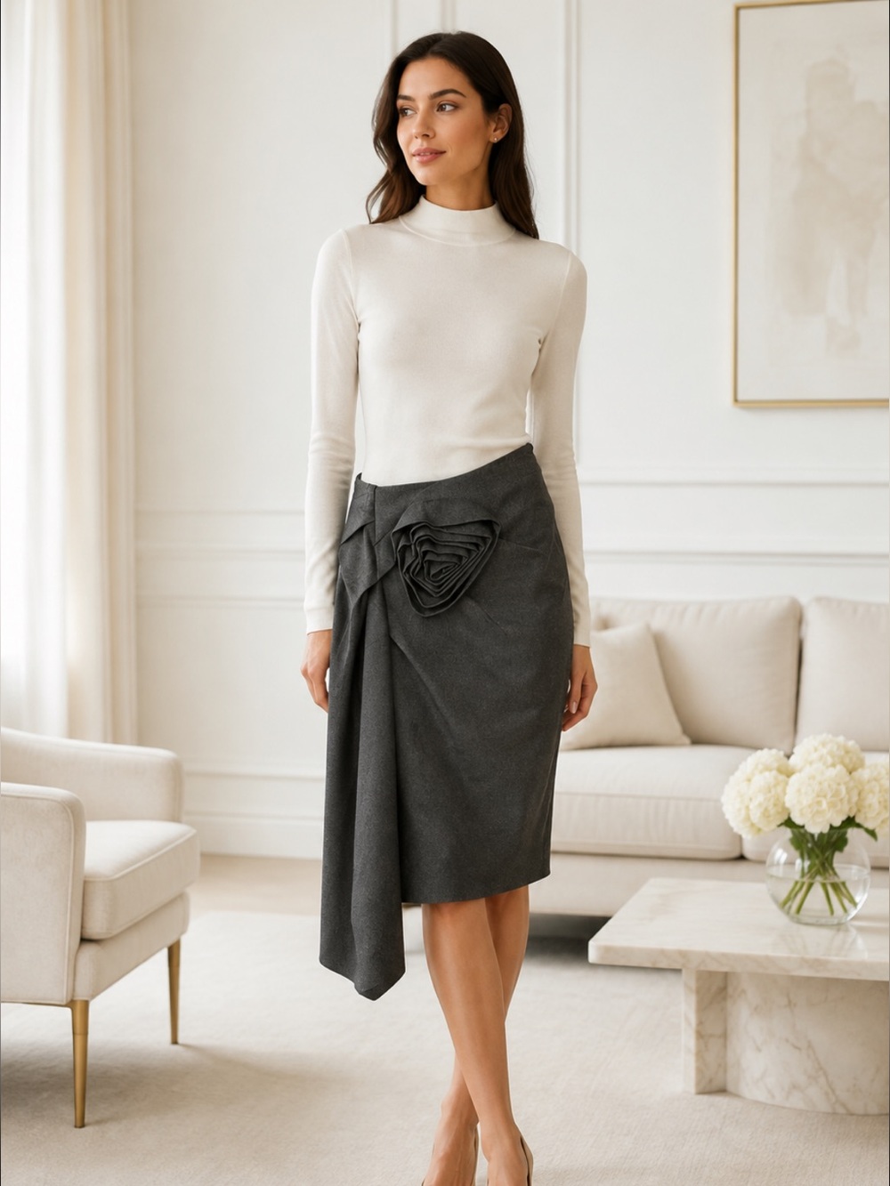 Lord & Taylor Charcoal Gray Asymmetrical Skirt with Draped Rosette applique❤️2